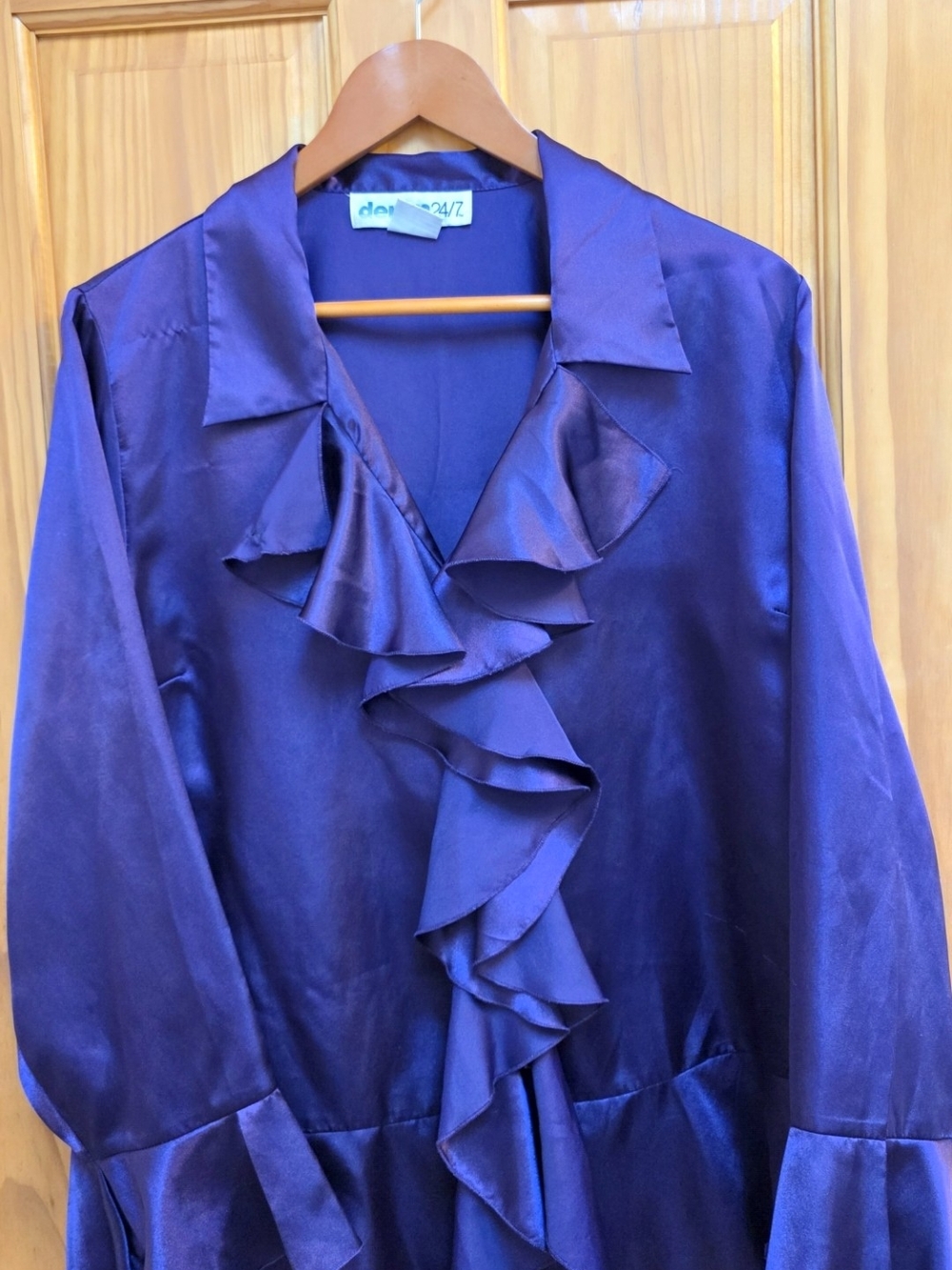 Denim 24/7 Satin Ruffle Front Blouse - Deep Purple